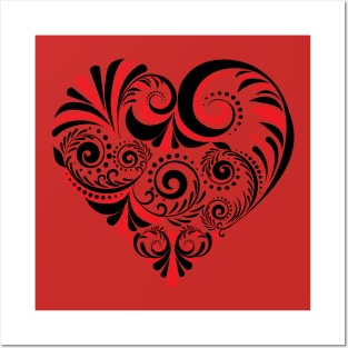 Red black Folk Floral Heart Posters and Art